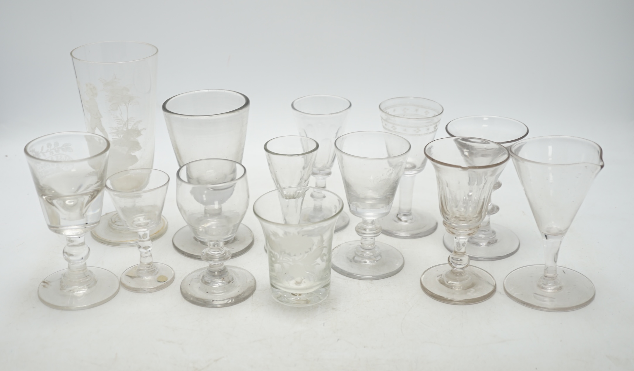A group of thirteen various glasses, 18th century and later, including Mary Gregory, tallest 16.5cm. Condition - fair to good